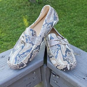 Cole Haan Snake Print Leather Loafers in Beige and Black
